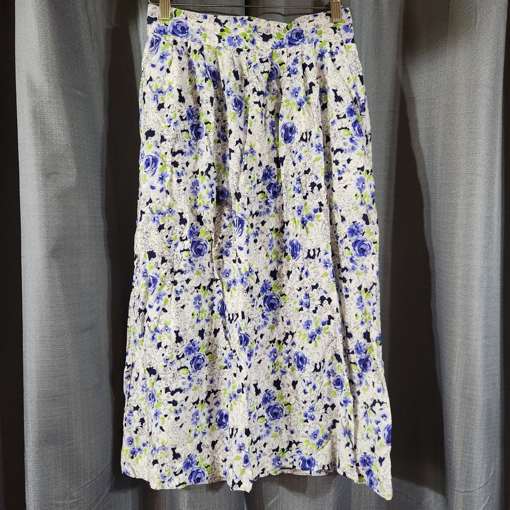 Vintage Norton McNaughton Floral Midi Skirt Blue White Rose Rayon Size 10 USA
